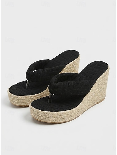  Dames espadrilles met plateauzool en sleehak - zwarte teenslippers met hoge hak voor een cruisevakantie of een feestje op het dek. &resortkleding