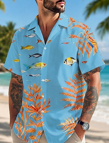  Herr Fisk Korall Skjorta Hawaiiskjortor Lägerskjorta Kortärmad Hawaiisk Dagligen Helgdag Strandsemester Sommar Vår Kubansk krage 3D-utskrift Blå Ljusgrön Grön