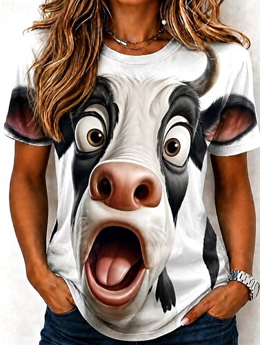  Dames T-shirt Kleurenblok Afdrukken Grafisch dier Koe Vintage Stijlvol Klassiek Korte mouw Strakke ronde hals Normale tops Casual Dagelijks blauw Wit Groen Zomer Lente