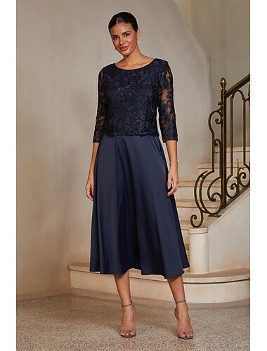  Femmes Ligne A Longueur thé Col ras du cou Manche 3/4 Élégant Quotidien robe demoiselle d honneur avec Satin Dentelle Couleur Unie
