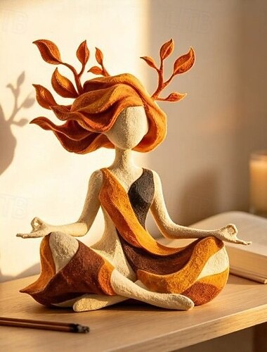  Estatueta escultural de harmonia interior, estátua de resina de uma mulher em meditação com cabelos esvoaçantes em forma de folha, decoração abstrata de mulher praticando ioga, escultura de arte para