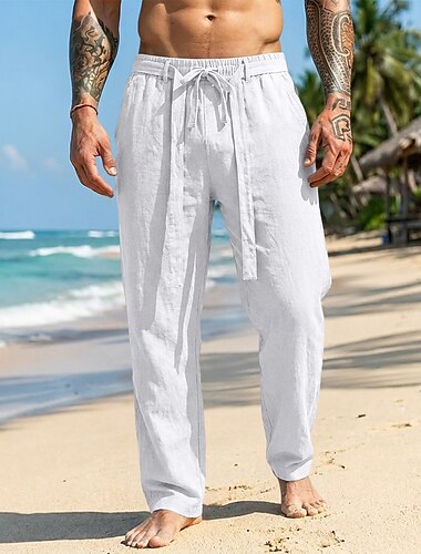  Homens Calças de linho de algodão Calças Calça verão Calças largas Calças de praia Bolsos Côr Sólida Tecido Conforto Respirável Comprimento total Casual Diário Ao ar livre Férias Moda Branco Cáqui