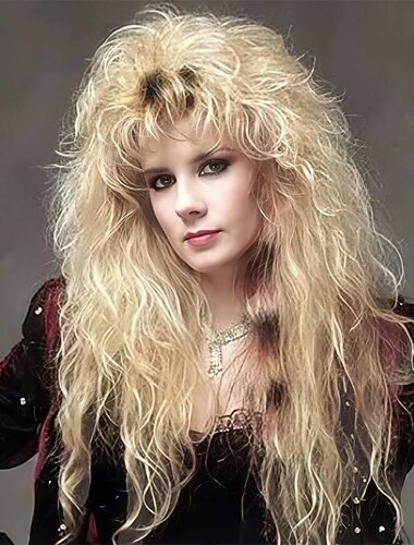  Lange, blonde, lockige Damenperücke im Rocker-Punk-Stil der 70er und 80er Jahre mit Pony. Kunstfaserperücke für Kostüme, Halloween und Cosplay.