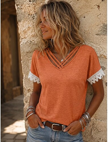  Damen Oberteil mit Spitzenspleiß Schnürung Patchwork Spitzenbesatz Einfarbig Lässig Kurzarm V Ausschnitt Lässig Weinrot Meerblau orange Farbe Schwarz Sommer Frühling