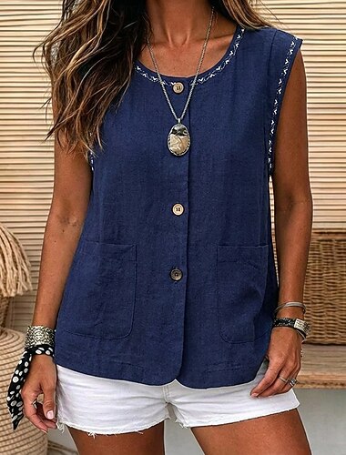  Femmes Gilet en coton et lin Chemise d'été Broderie ancien Sans manches Col ras du cou Hauts Longs Occasionnel Blanche Jaune bleu marine Été Printemps