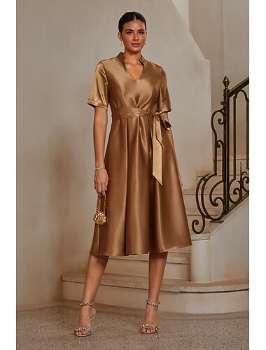  Femmes Ligne A Longueur thé Col haut Manche Courte Élégant ancien Quotidien robe demoiselle d honneur avec Satin Ceinture