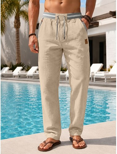  Herren Leinenhosen Hose Sommerhose Baggy-Hosen Kordelzug Elastischer Bund Gerader Schnitt Einfach Komfort Atmungsaktiv Volle Länge Lässig Täglich Strand Urlaub Mode Blau Khaki Unelastisch