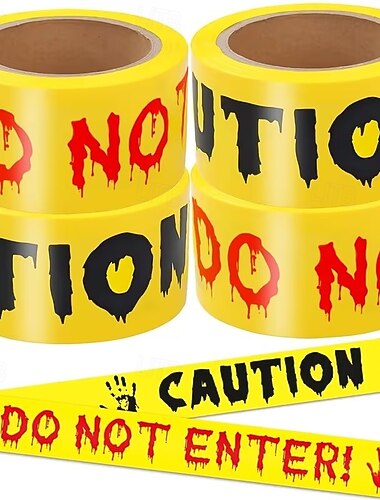  Lot de 4 rubans de signalisation « Ne pas entrer » pour Halloween, ruban de marquage jaune non adhésif, idéal pour les fêtes intérieures et extérieures et la décoration de jardin.