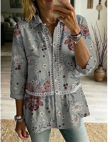  Dames Overhemd Oogje top Tuniek Normaal shirt Vetergat Ombre Bloemig Grafisch Elegant Bohemen Actief 3/4 mouw Strijkijzer Lange tops Strand bruiloft Casual Dagelijks Blozend Roze Rood Grijs Zomer