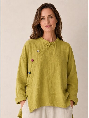  Camisa feminina de manga comprida com gola mandarim em linho orgânico