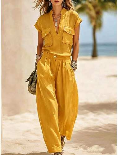  Damen Hemd Hosen-Sets Kurzarm Stehkragen Einfarbig Patchwork Elegant Mode Lässig Täglich Blau Hellblau Weiß Sommer Lässiger Schnitt