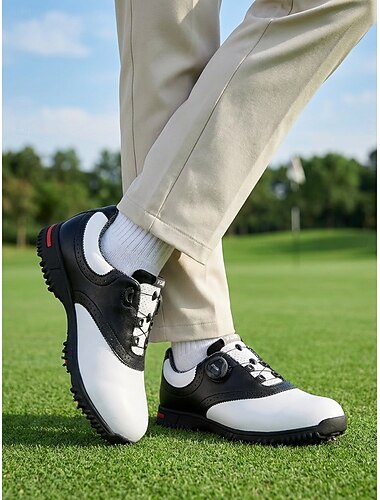  Sapatos de golfe masculinos pretos e brancos, tênis esportivos com cadarço, calçados acolchoados e antiderrapantes para caminhada, golfe, treinamento e eventos ao ar livre.