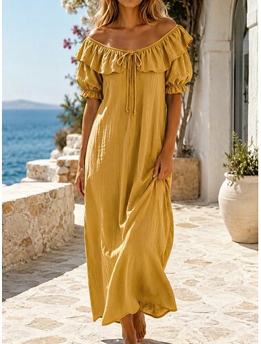  Mulheres Vestido Longo Vestido Maxi Vestido plissado Elegante Moda Praia Férias Normal Tecido Manga Curta Gola Redonda Amarelo Vermelho Azul Céu Laranja Verão
