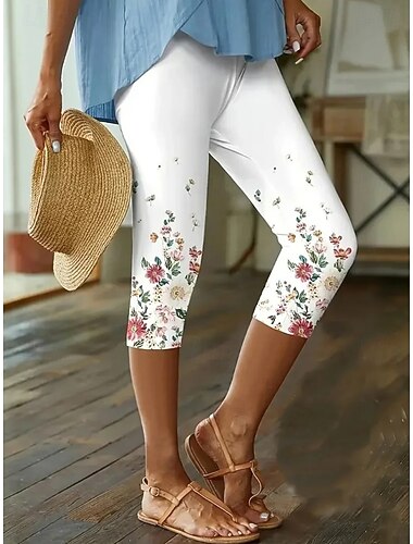  Damen Caprihose Leggings Urlaub Mode Streetwear Capris Hohe Taille Blumen Grafik Druck Komfort Weich Bequem Dehnbar Täglich Outdoor Urlaub Weiß Navy-Blau Schwarz Grün Sommer Frühling Schmale Passform