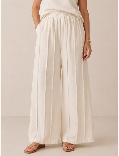  Calças pantalonas femininas de linho orgânico com cintura elástica e pernas largas.