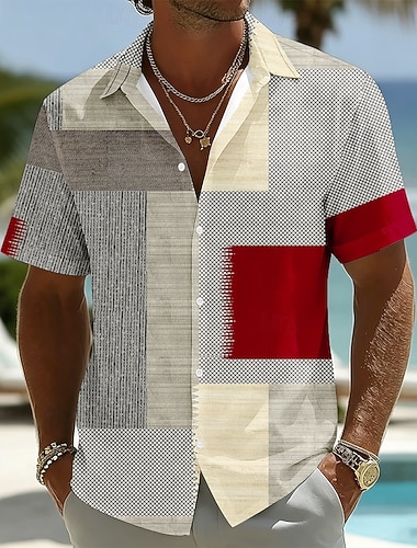  Per uomo Geometrico Plaid Color-blocking Camicia Camicia con Bottoni Manica Corta Moda Casual Quotidiano Vacanza al Mare Estate Primavera Collo ripiegato Stampa 3D Camicia tipo lino Blu Rosa Rosso
