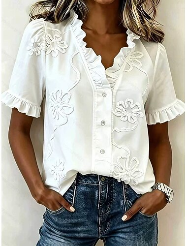  Per donna Blusa Camicie ricamate Ricamato Floreale Elegante Moderno Manica Corta Scollo a V Top Regolari Casuale Quotidiano Ferie Bianco Estate Primavera