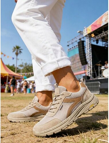  Beige trailskor för herr, musikfestival, snörskor för utomhusbruk, lätta, halkfria skor för konserter, camping, resor