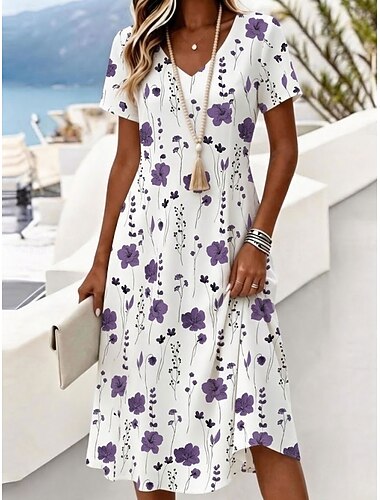  Damen Knielanges Kleid T-Shirt-Kleid A Linie Kleid Elegant Urlaub Stilvoll Strand Normale Passform Blumen Grafik Kurzarm V Ausschnitt Blau Weiß Purpur Sommer Frühling