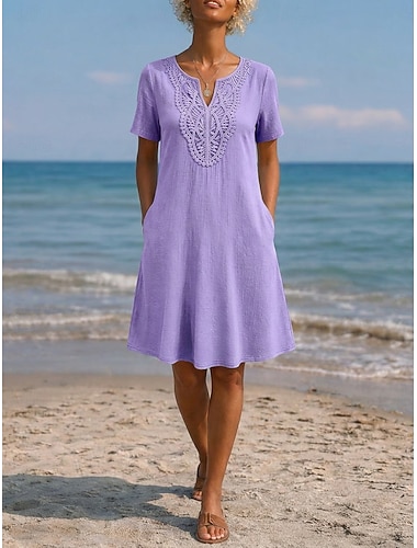  Damen Knielanges Kleid Boho-Kleid Spitzenkleid Elegant Täglich Lässiger Schnitt Einfach Kurzarm V Ausschnitt Hellblau nicht-gerade weiss Purpur Dunkelblau Sommer