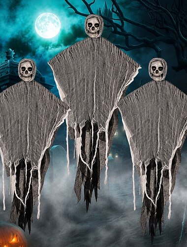  Confezione da 3 decorazioni di Halloween a forma di fantasma da appendere, scheletro fantasma in garza per decorazioni da giardino, spaventosa figura di mietitore da appendere per casa stregata, bar,