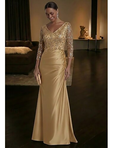  Schlauchkleid Bodenlang Abendkleid Elegant Glitzernd Glitzern Dreiviertelarm V Ausschnitt Abschlussball Hochzeit Satin Paillettenbesetzt mit Falten Perlenstickerei