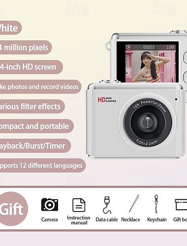  64mp mini digitalkamera for barn &Tenåringer, 16x zoom 1,4" HD-skjerm bærbart kamera for fotografering, videokamera med filtre, serieopptakstimer, inkludert halskjede &nøkkelring, bursdagsgave til