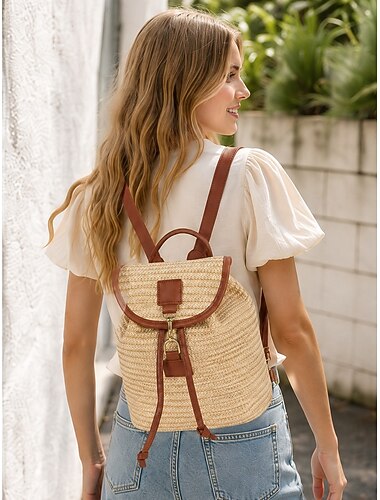  M bolsa mochila de palha feminina bolsa de vime boho para férias na praia viagem de verão e uso diário em resorts