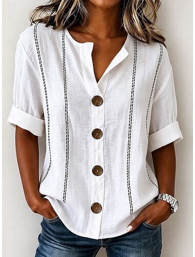  Dames Overhemd Blouse Lapwerk Knop Afdrukken Gestreept Elegant Bohemen Korte mouw V-hals Normale tops Casual Licht Blauw Wit Blozend Roze Abrikoos Zomer Lente