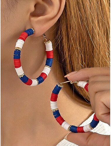  Pendientes de aro patrióticos para mujer, de resina. &Aros llamativos de aleación en rojo, blanco y azul, pendientes redondos de varios estilos para el 4 de julio, celebración del 250 aniversario de