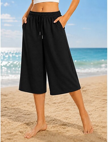  Dam caprishorts Bermudashorts Kinesiska Shorts Semester Mode Streetwear Knelängd Hög midja Slät Snörning Ficka Elastisk midja Komfort Mateial som andas Bekväm Microelastisk Elastisk Dagligen Gata