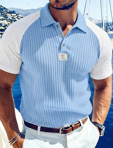  Per uomo Top a Maglia a Coste Polo da Golf Casuale Lavoro Bavero Colletto Polo a Coste Manica Corta Essenziale Moderno Blocco di colori Strisce verticali Bottoni Lavorato a maglia Primavera & Estate