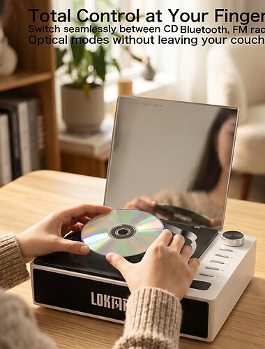  Lokmat Loktar Bluetooth-CD-Player für Zuhause mit integrierten Lautsprechern, UKW-Radio, optischem Eingang, Desktop-CD-Musiksystem unterstützt CD/Bluetooth/UKW/optisch, CD-Player mit Fernbedienung