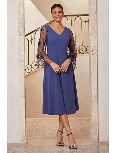  Femmes Ligne A Longueur thé Col en V Manche 3/4 Manches fendues Élégant ancien Cocktail robe demoiselle d honneur avec Fleurs 3D