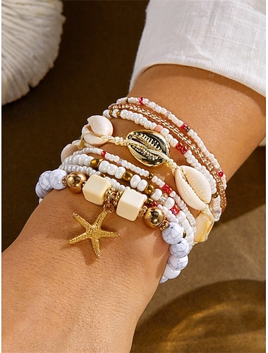  Women's Boho Layered Beaded Bracelet Set 8PCS Starfish Charm Shell Bracelets Gold Alloy Multi Strand Stackable Beach Vacation Jewelry for Summer Resort Travel