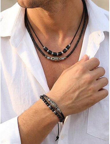  Set di collana e bracciale bohémien da uomo, gioielli in pelle nera con perline, dettagli in metallo anticato, accessorio casual estivo per uomo, perfetto per vacanze, festival, uso quotidiano,
