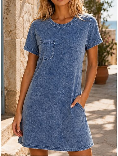 Dames Mini-jurk Gewassen jurk Basic Klassiek Dagelijks Weekend Normale pasvorm Effen Korte mouw Strakke ronde hals blauw Paars Zomer Lente