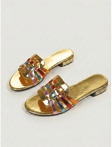  Sandalias planas doradas metalizadas para mujer - zapatillas retro tejidas multicolor de tacón bajo para vacaciones de lujo en un resort