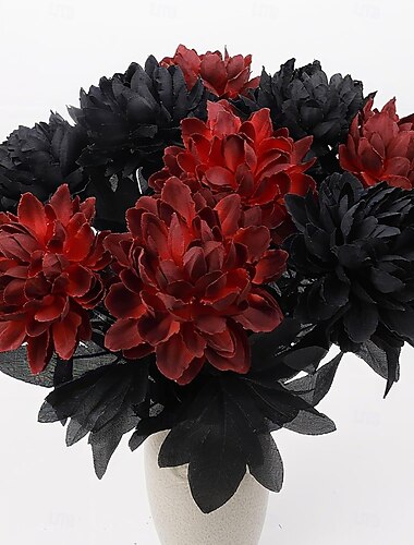  ワインレッドとブラックの造花ダリアブーケ10個セット（長い茎付き）、造花アレンジメント、ウェディングブーケ、ハロウィン、収穫祭のテーブルセンターピース、ホームデコレーションに最適