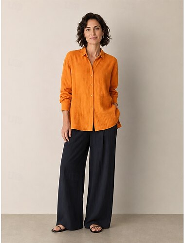  Mulheres Camisa Social Blusa Botões Côr Sólida Elegante Moda Manga Longa Gola Redonda Tops curtos Casual Diário Azul Branco Vermelho Laranja Primavera