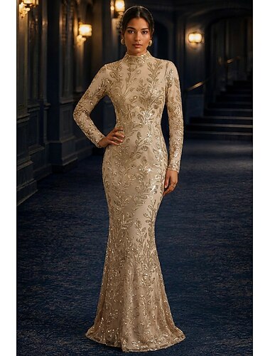  Meerjungfrauenschnitt Bodenlang Abiballkleider Abendkleid Festliche Kleidung Elegant Party Promi-Stil Langarm Hoher Ausschnitt Formell Schwarze Krawatte Spitze mit Glitzer Paillette