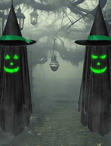 Halloween spookdecoratie, glow-in-the-dark heksenhoed voor buiten in de tuin &Tuinhanger, verlichte Halloween-deurhanger voor de veranda, griezelige tuindecoratie voor een Halloweenfeest, terras of