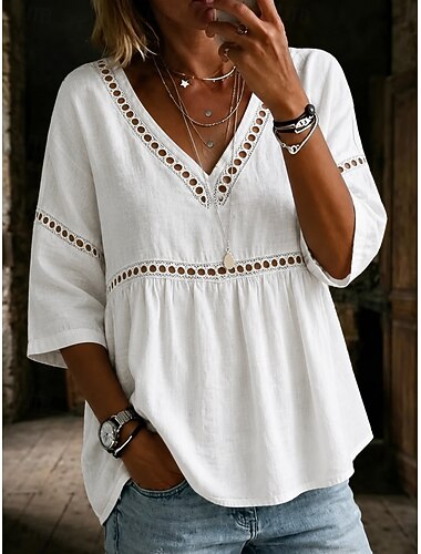  Damen Hemd Bluse Spitzentops Patchwork Ausgehöhlt Einfarbig Elegant Mode V Ausschnitt Normale Oberteile Lässig Weiß Hellblau Gelb Rosa Pfauenblau Sommer Frühling