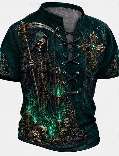  Homme Crâne Croix Chemise Henley T-shirt Manche Courte T-shirt Impression 3D Col à lacets Henley Chemise Sombre Quotidien Festival Bleu Vert Bleu de minuit Printemps & Été Vêtement Tenue S M L XL 2XL