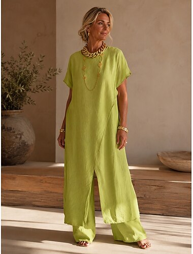  Damen Hosen-Sets Kurzarm Rundhals Einfarbig Wickeln Lässig Blau Weinrot Silber grau Sommer