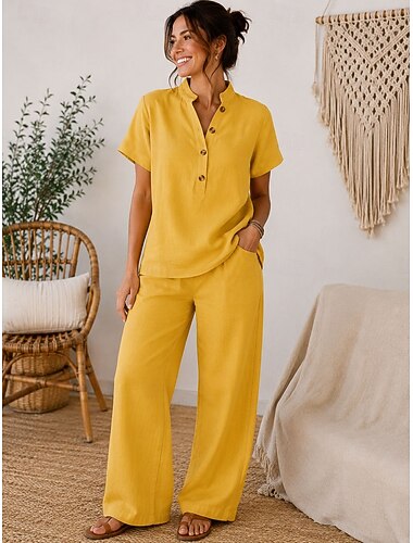  Per donna Set di biancheria in cotone Set di Pantaloni Manica Corta Collo alla coreana Tinta unica Semplice Moda Streetwear Casuale Quotidiano All'aperto Giallo Primavera & Estate Vestibilità comoda