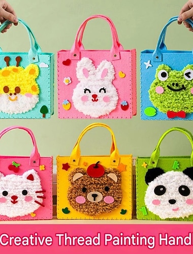  Borsa fai da te creativa da dipingere con il filo per bambini, kit per creare borsette in feltro con animali assortiti (confezione da 3/6), borsa tote da cucire fatta a mano, arte educativa &Attività