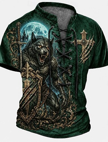  Herr Varg Kors Henleytröja T-shirt T-shirt Kortärmad T-shirt 3D-tryck Snörning i halsen Henley Skjorta Mörk Dagligen Festival Blå Grön 1# Grön Vår & sommar Kläder S M L XL 2XL 3XL