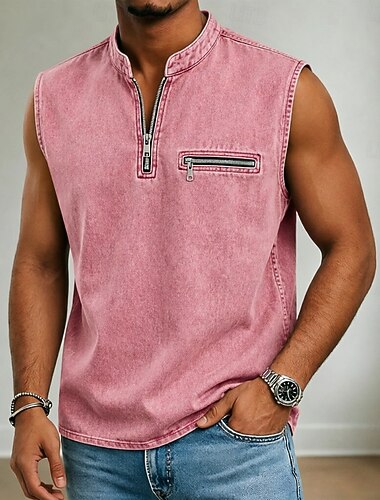  Herr Linne Undertröjor Ärmlös tröja Ärmlös Hög krage Fjärdedels blixtlås Sommar Slät Mode Designer Grundläggande Dragkedja Ficka Ledigt Semester Gata Blå Rodnande Rosa Grå Topp t-shirt för män