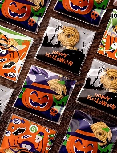  100 stk. halloween-godteriposer, selvlukkende godbitposer med gresskar- og flaggermustrykk, plastposer til informasjonskapsler til godteri, snacks, bakeri, festgaver, knask eller knep,